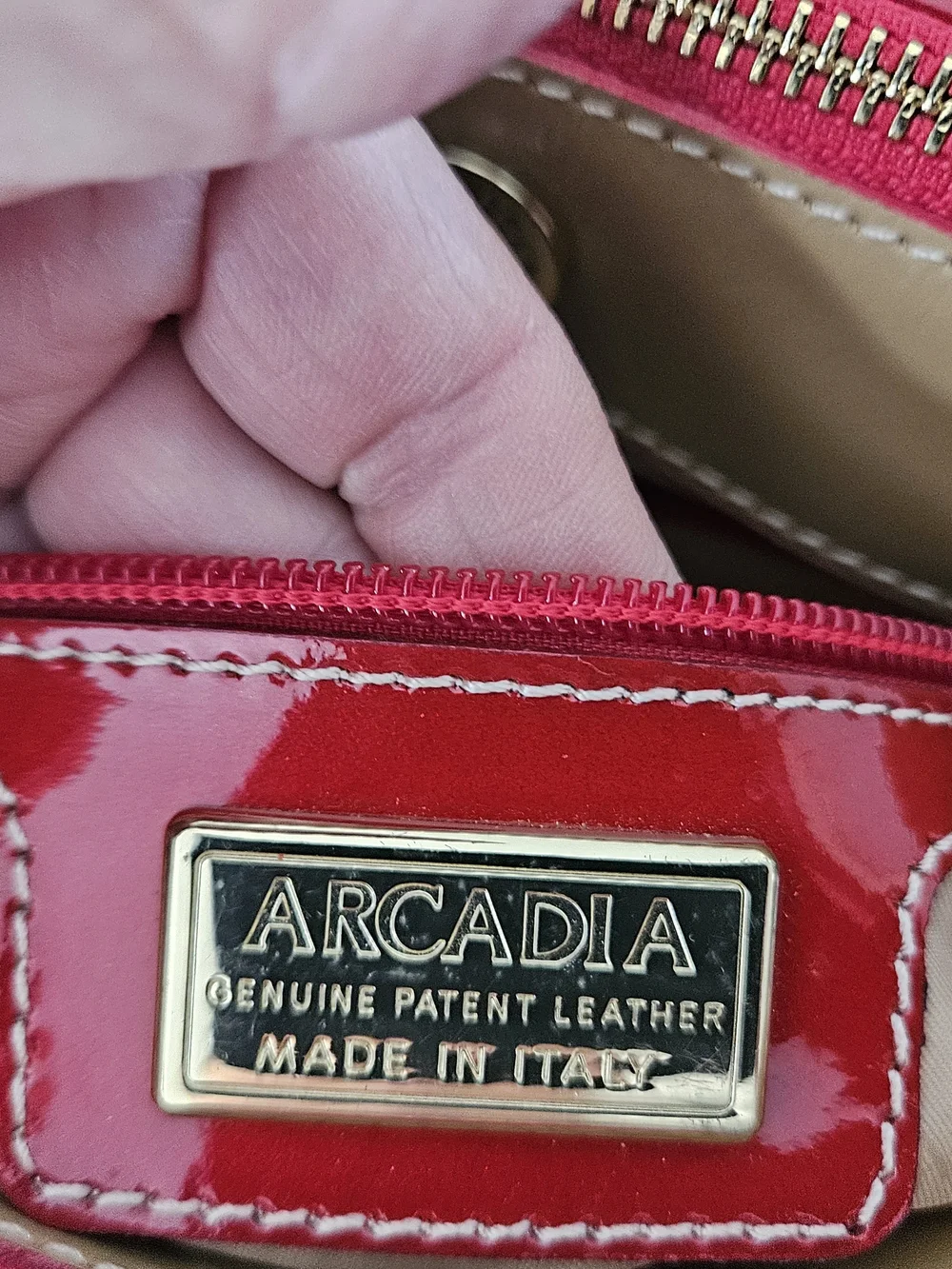 Arcadia Red Patent Tote Bag with Tan Handles